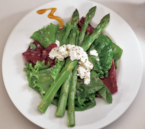 Baked Goat Cheese and Asparagus Salad with Raspberry Walnut Splash