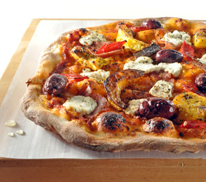 Thin Crust Squash and Roasted Red Pepper Pizza